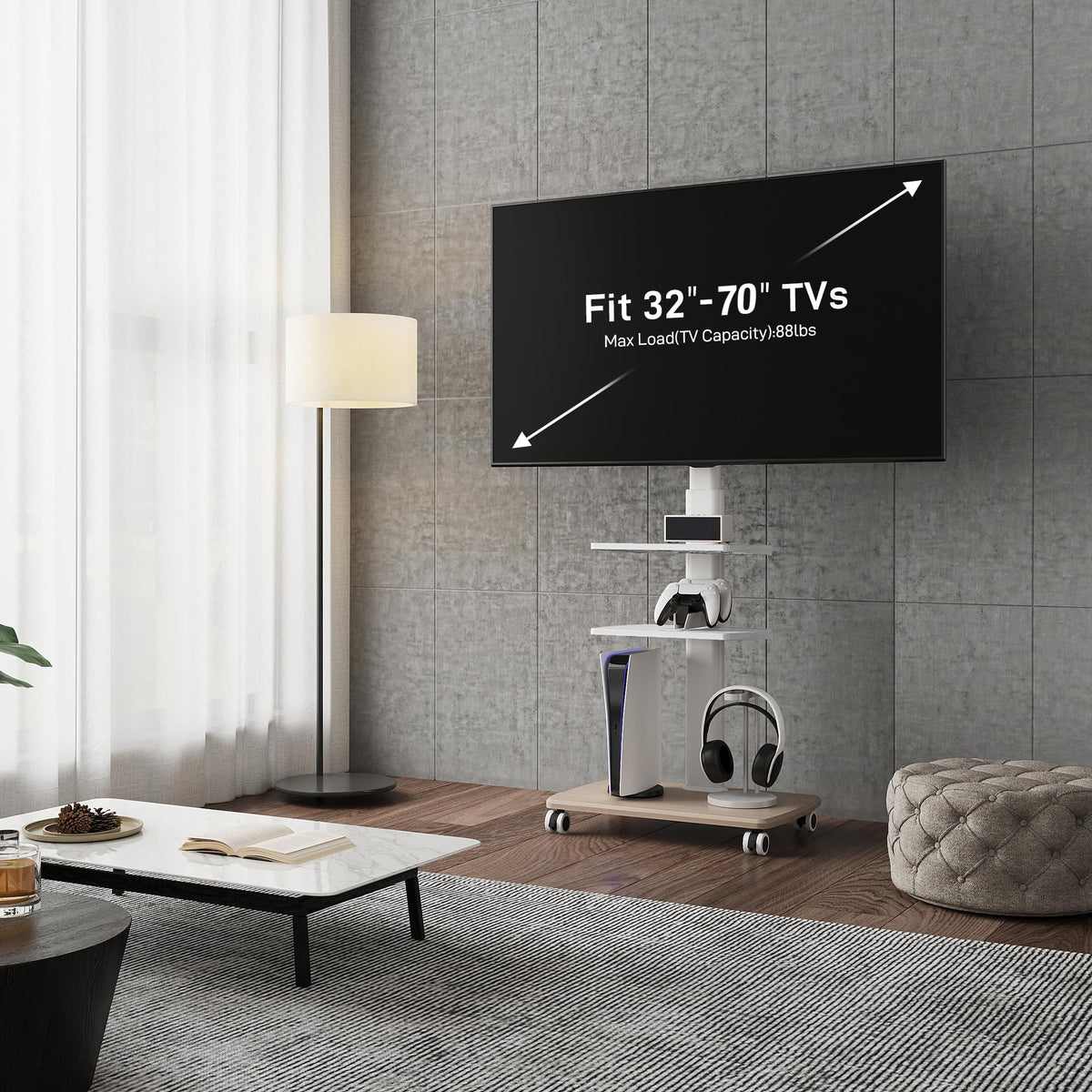 FITUEYES rolling TV stand side view highlighting slim profile for corners