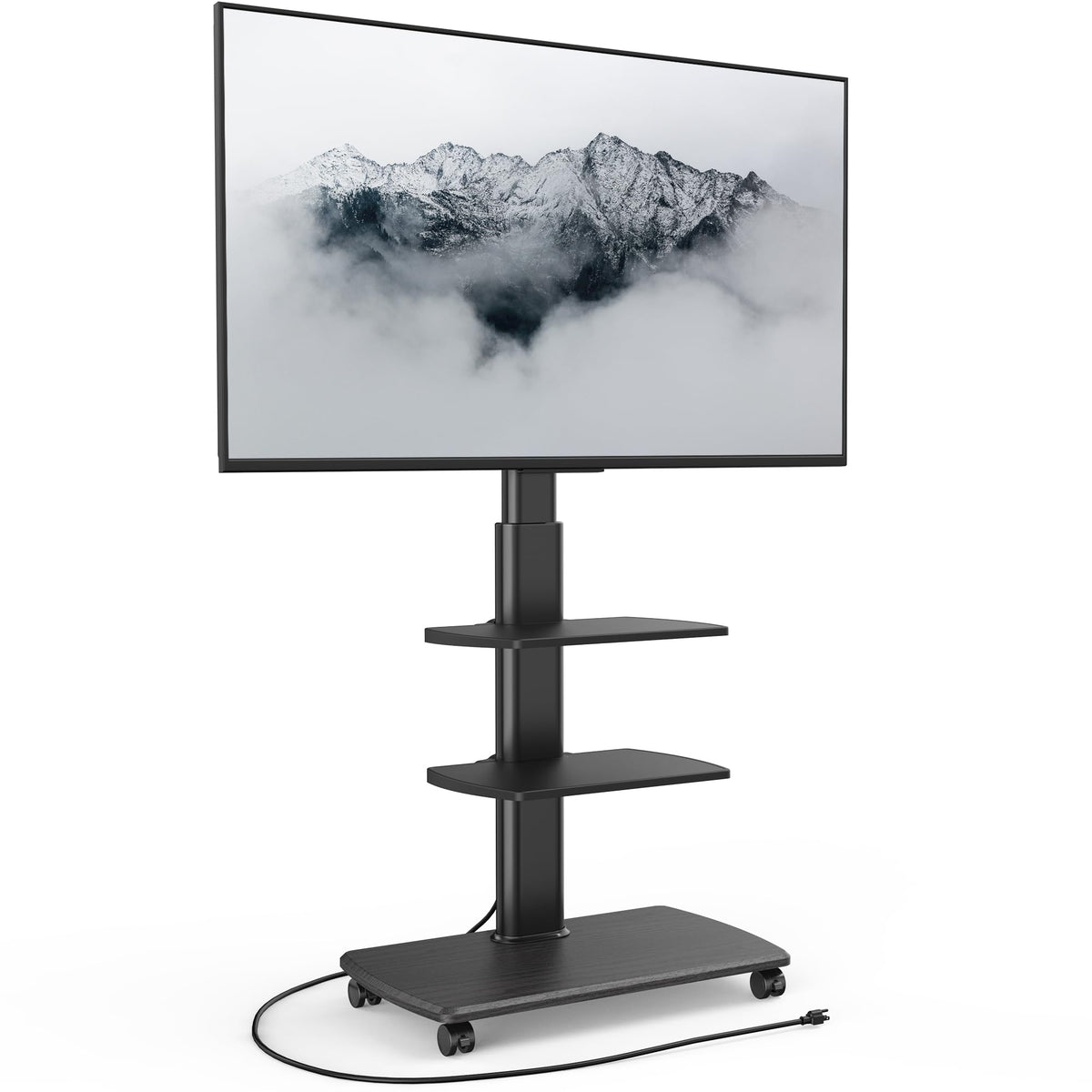 FITUEYES rolling TV stand with wheels for easy mobility and repositioning.