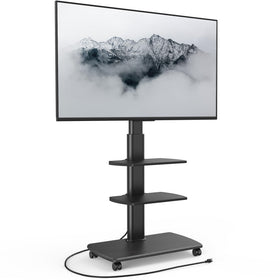 FITUEYES rolling TV stand with wheels for easy mobility and repositioning.