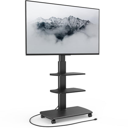 FITUEYES rolling TV stand with wheels for easy mobility and repositioning.