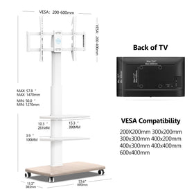 FITUEYES rolling TV stand wood-texture base complements modern decor