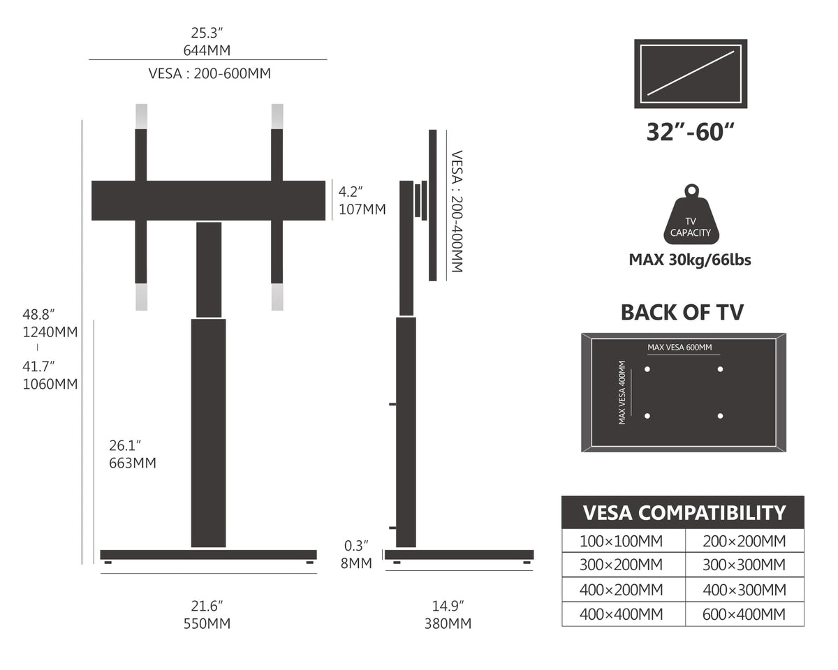 FITUEYES scale comparison illustrating fit for 32 to 60 inch TVs