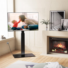 FITUEYES stand beside sofa showing scale and how it fits common living room layouts