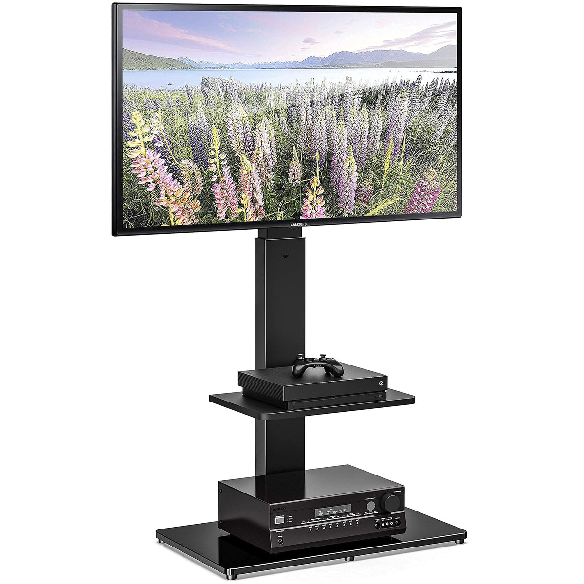 FITUEYES swivel floor tv stand with tempered glass base for stable placement