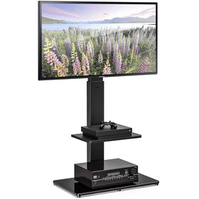 FITUEYES swivel floor tv stand with tempered glass base for stable placement