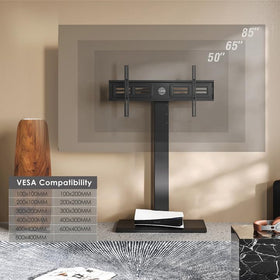 FITUEYES tall stand supports up to 85 inches for large-screen setups.