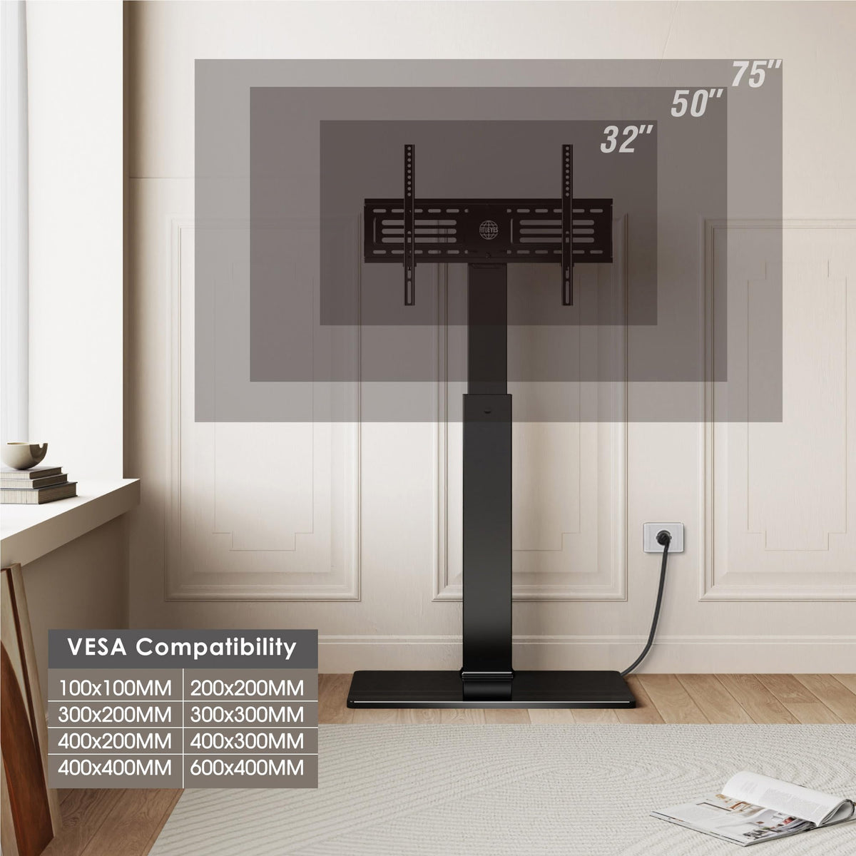 FITUEYES TV swiveled on stand demonstrating 30 degree adjustment for wider viewing angles