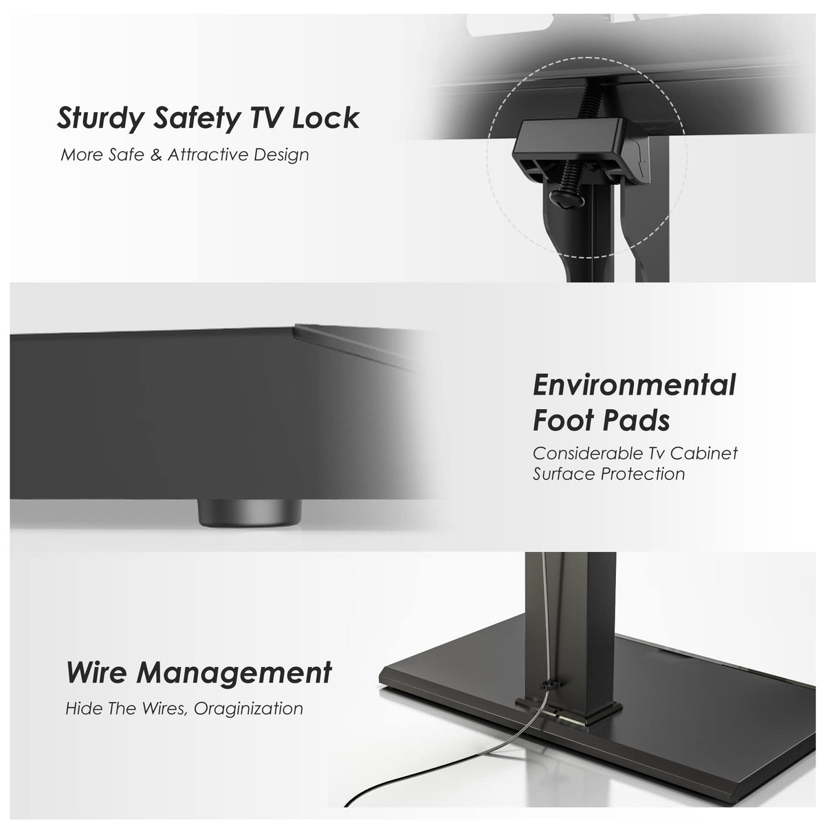 FITUEYES universal stand accepts VESA patterns 100x100 to 800x400 mm.