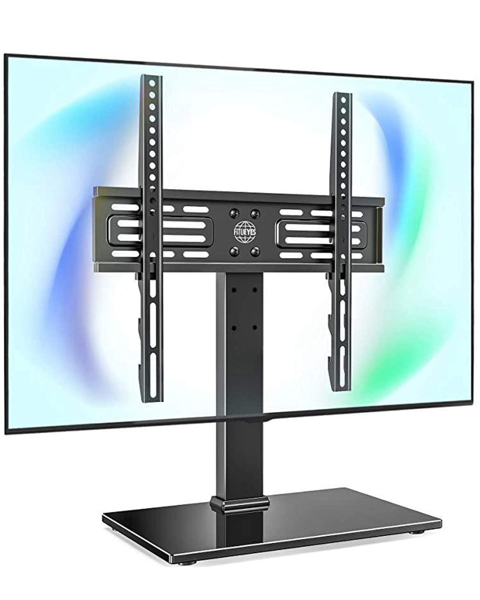 FITUEYES universal TV stand with glass base supports 27-55 inch TVs, stable table setup.