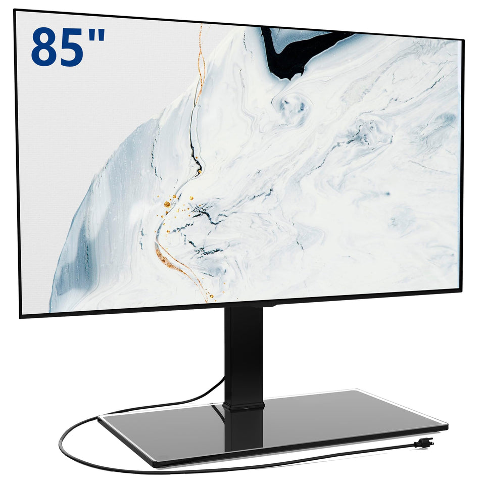 FITUEYES universal TV stand base with a stable 27.5-inch glass panel.