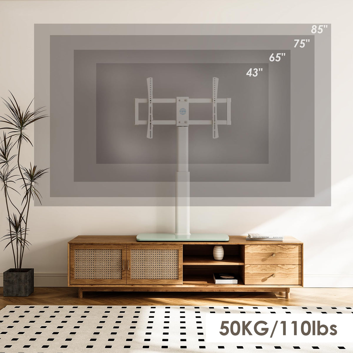 FITUEYES compatibility-range supports 43–85 inch TVs with VESA 200x200 to 600x400.