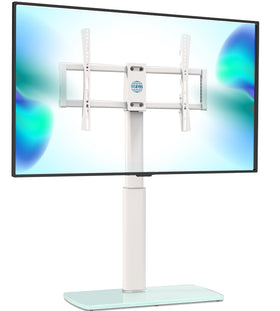 FITUEYES universal TV stand with glass base supports up to 110 lbs.