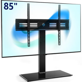 FITUEYES universal TV stand with glass base keeps AV gear organized and accessible.
