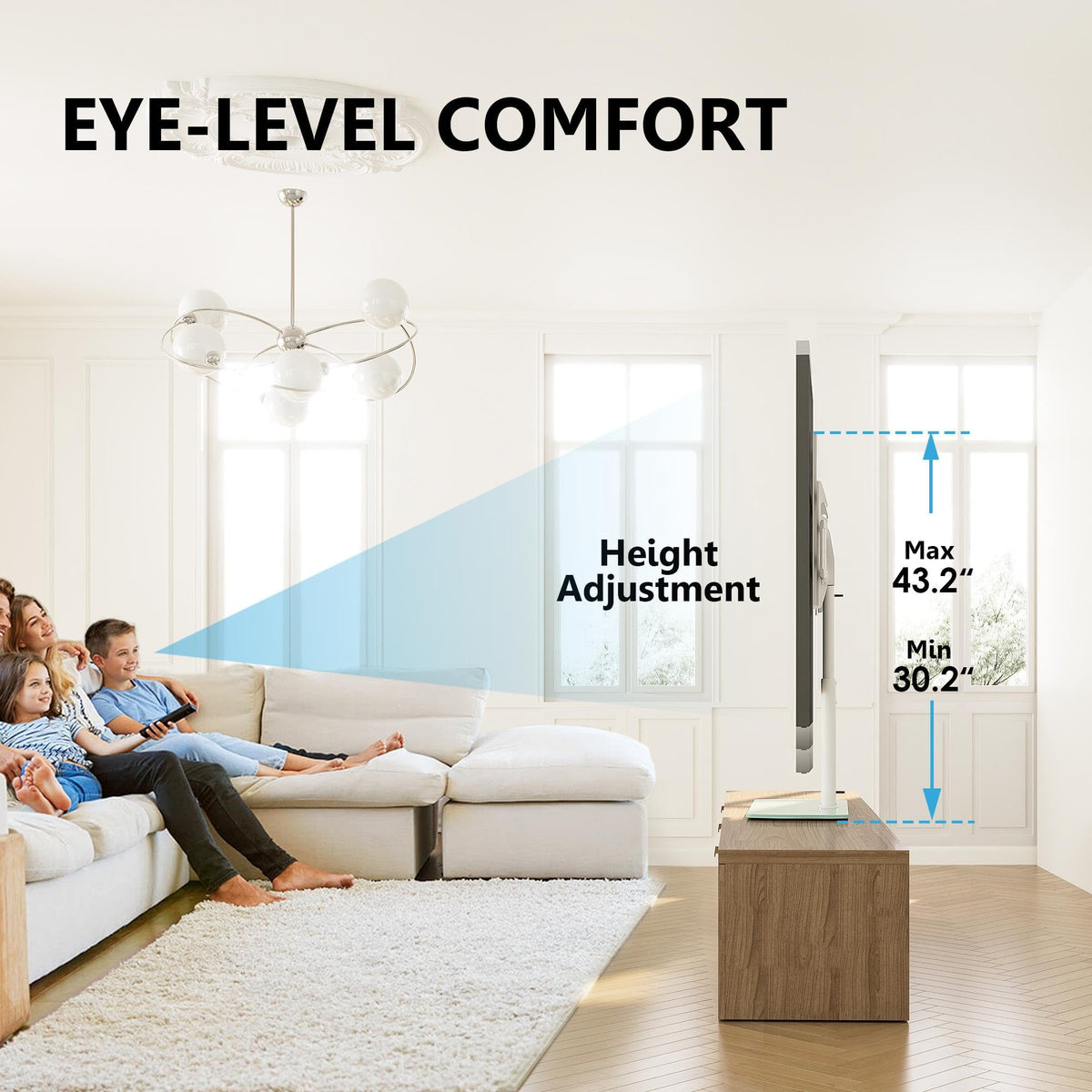 FITUEYES living-room-setup presents a sleek table-top stand in a modern room.