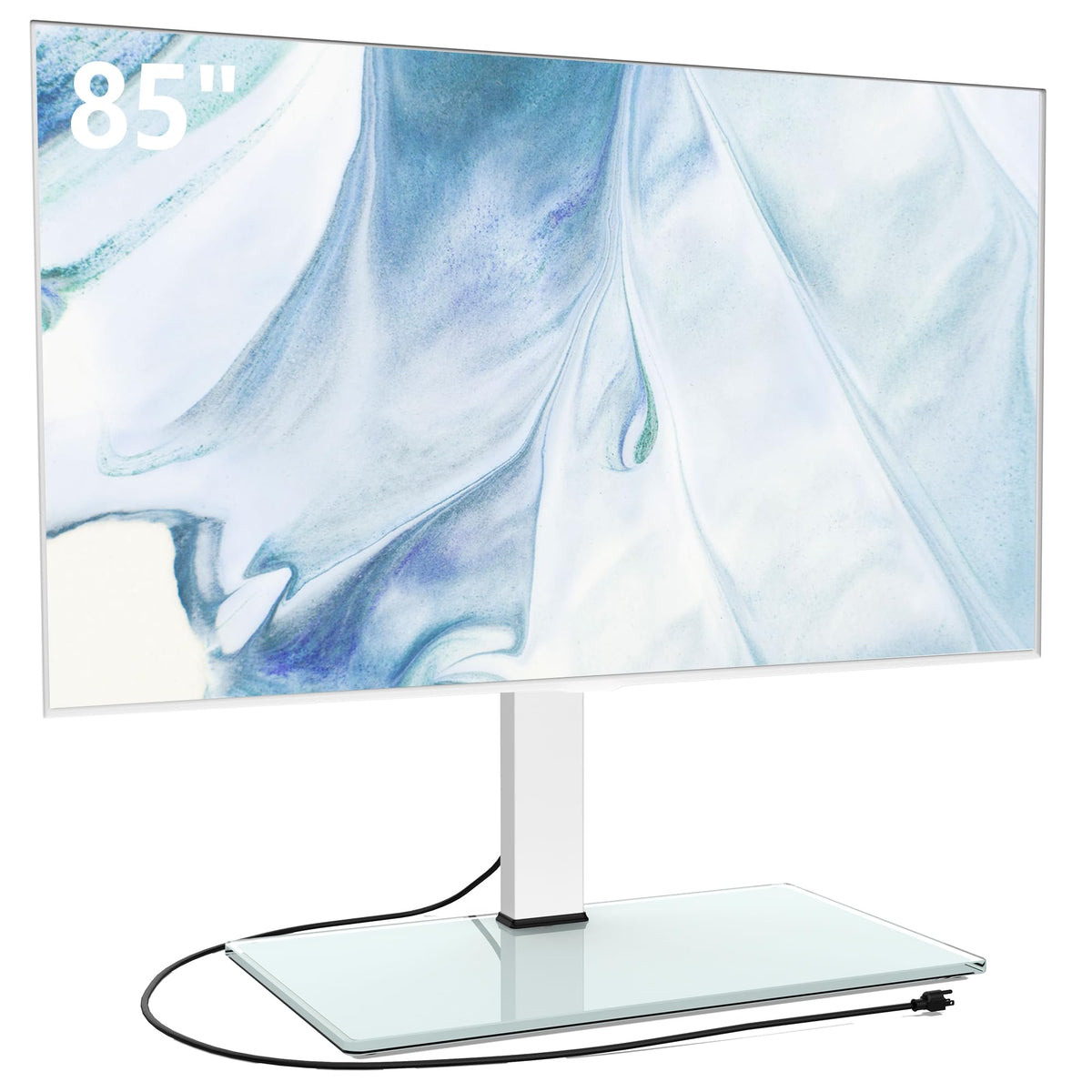 FITUEYES universal TV stand with power outlets supports 50-85 inch TVs for clutter-free setup.