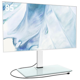FITUEYES universal TV stand with power outlets supports 50-85 inch TVs for clutter-free setup.