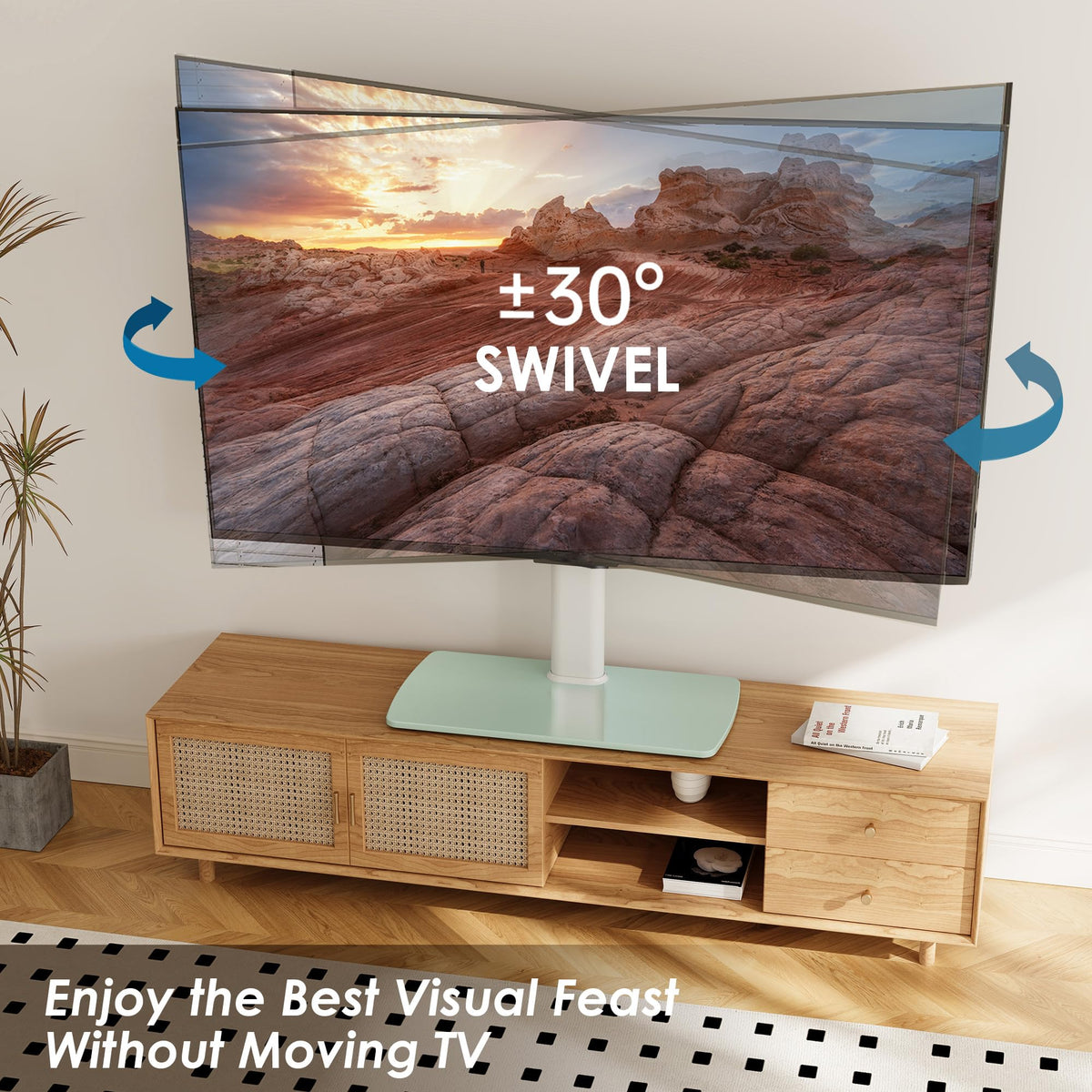 FITUEYES universal TV stand swivel-angle shows ±30° rotation for flexible viewing.