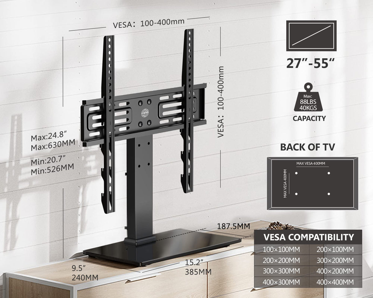 VESA compatibility patterns from 100x100 to 400x400 mm.