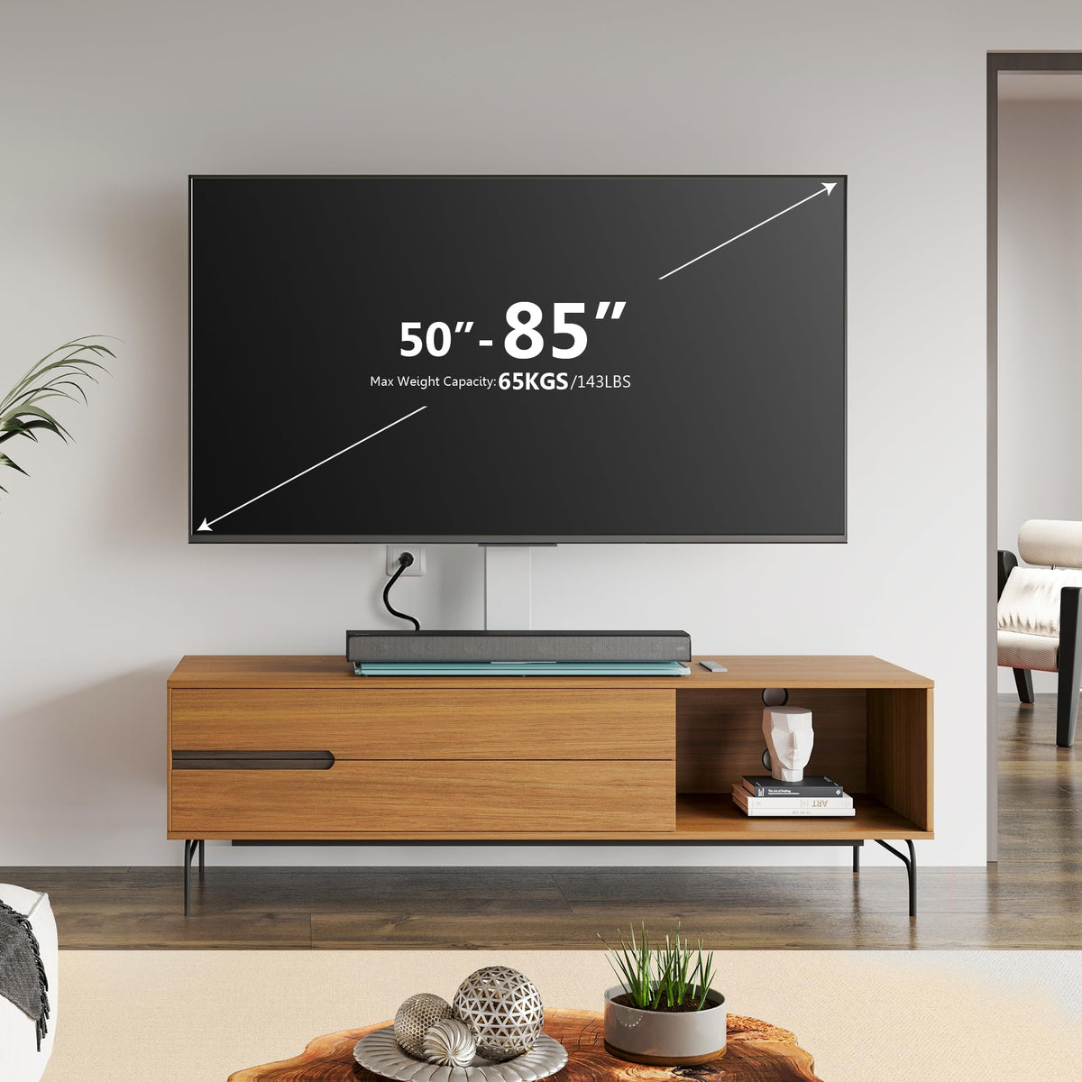FITUEYES VESA compatible base fits most 50-85 inch TVs up to 110 pounds.