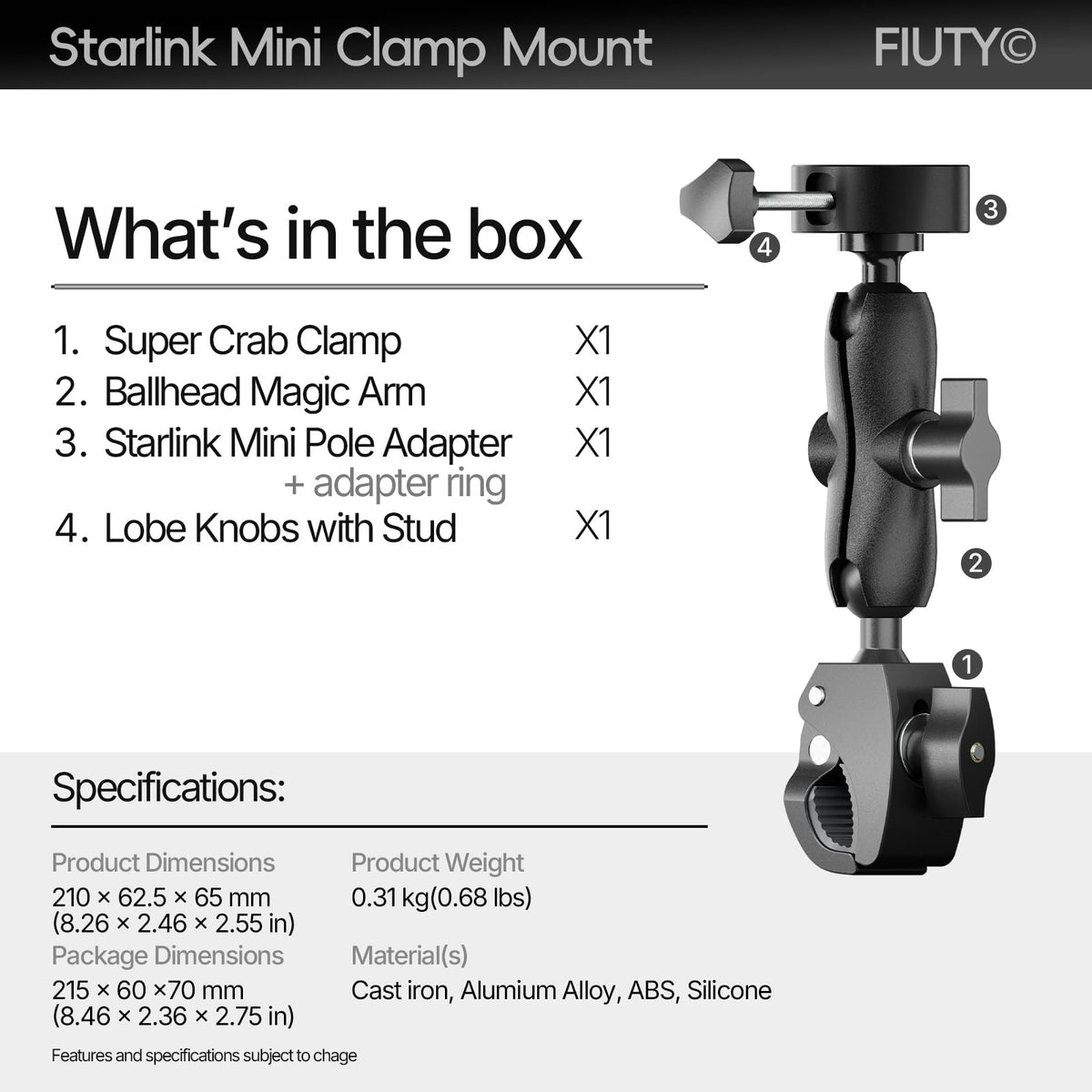 FIUTY unboxed parts layout showing included adapters, clamp and conversion hardware