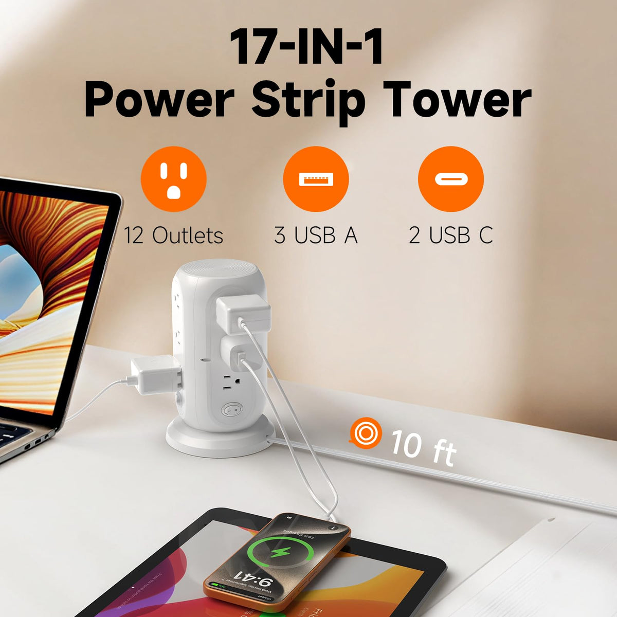 FIYQVXK power strip with 10 ft cord reaches distant outlets safely.