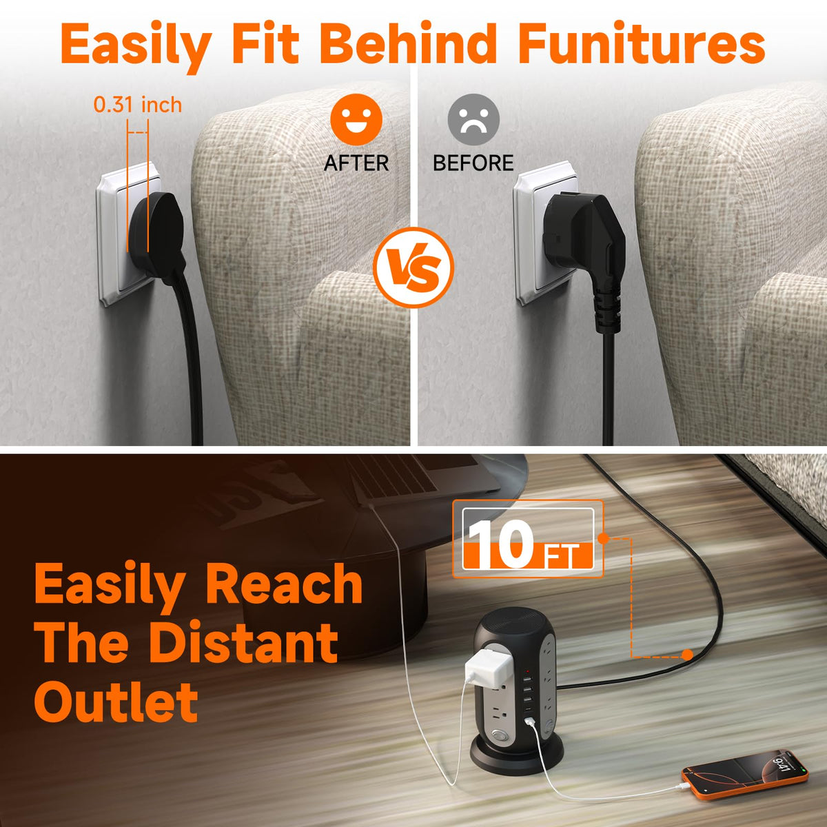 FIYQVXK 10 ft cord reaches distant outlets for hard-to-reach desks.