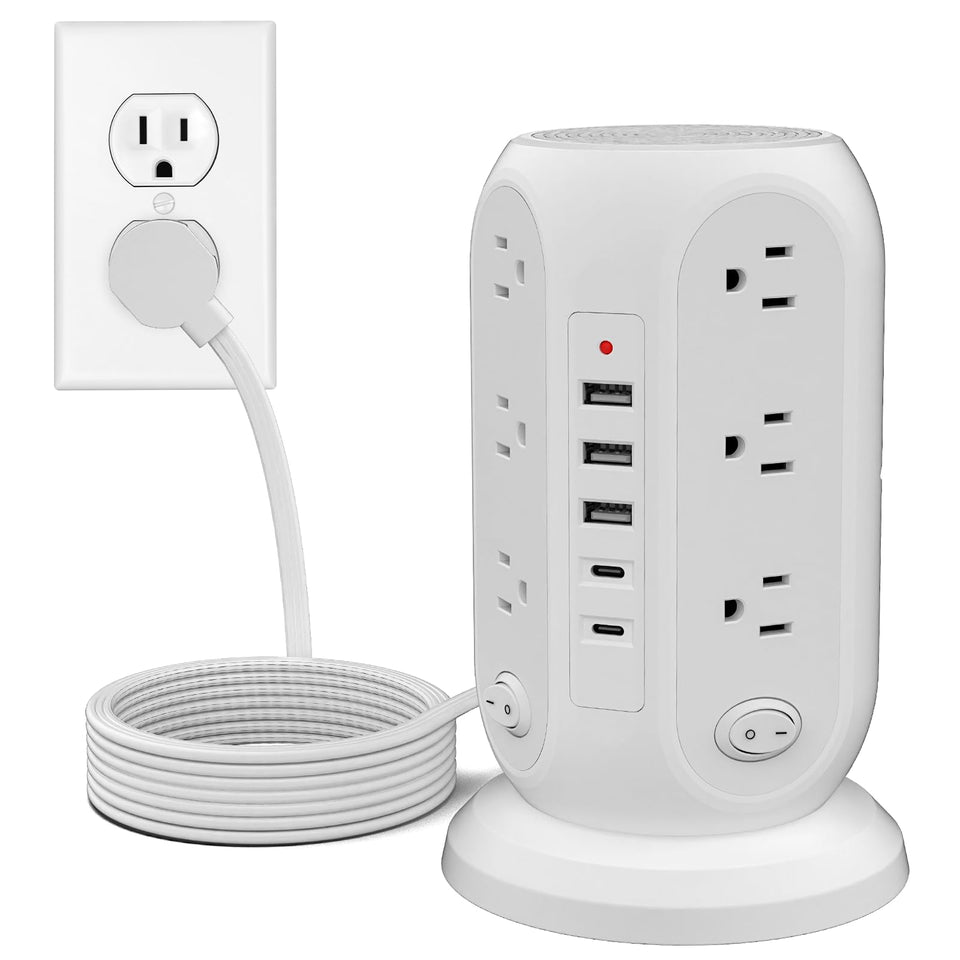 FIYQVXK tower power strip shows 12 outlets and 5 USB ports for multi-device charging.