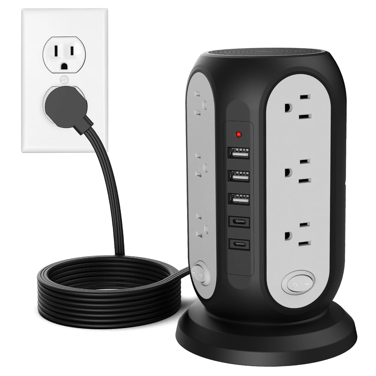 FIYQVXK Tower Power Strip with 12 outlets keeps desk organized and clutter-free.