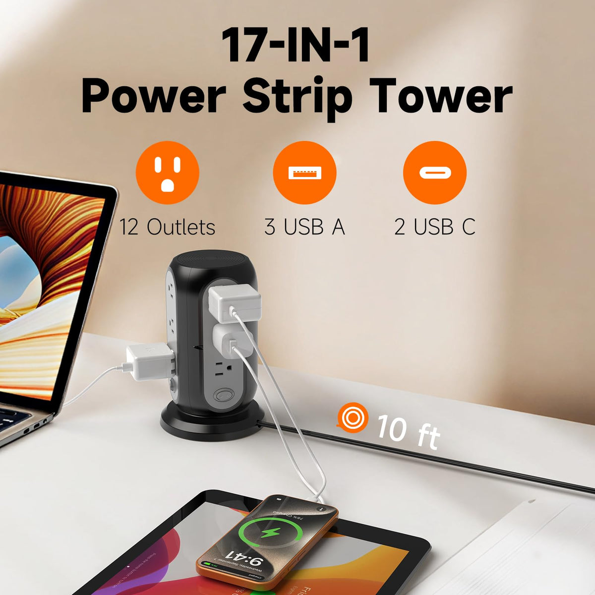 FIYQVXK Power strip shows five USB ports charging multiple devices quickly at the desk.