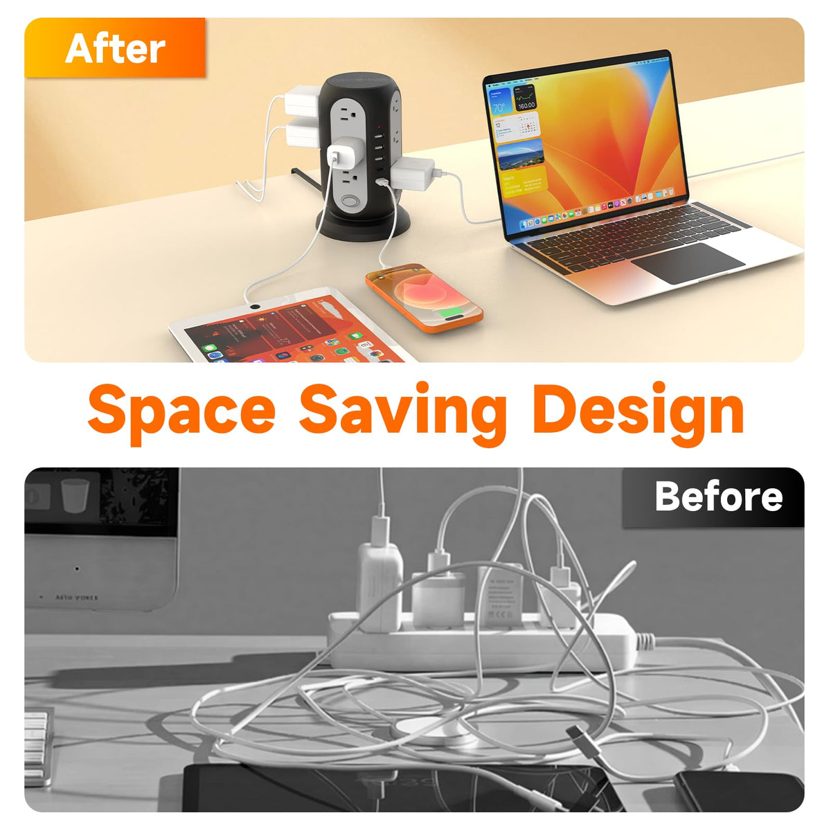 FIYQVXK four-sided tower design reduces crowding, keeps outlets accessible.