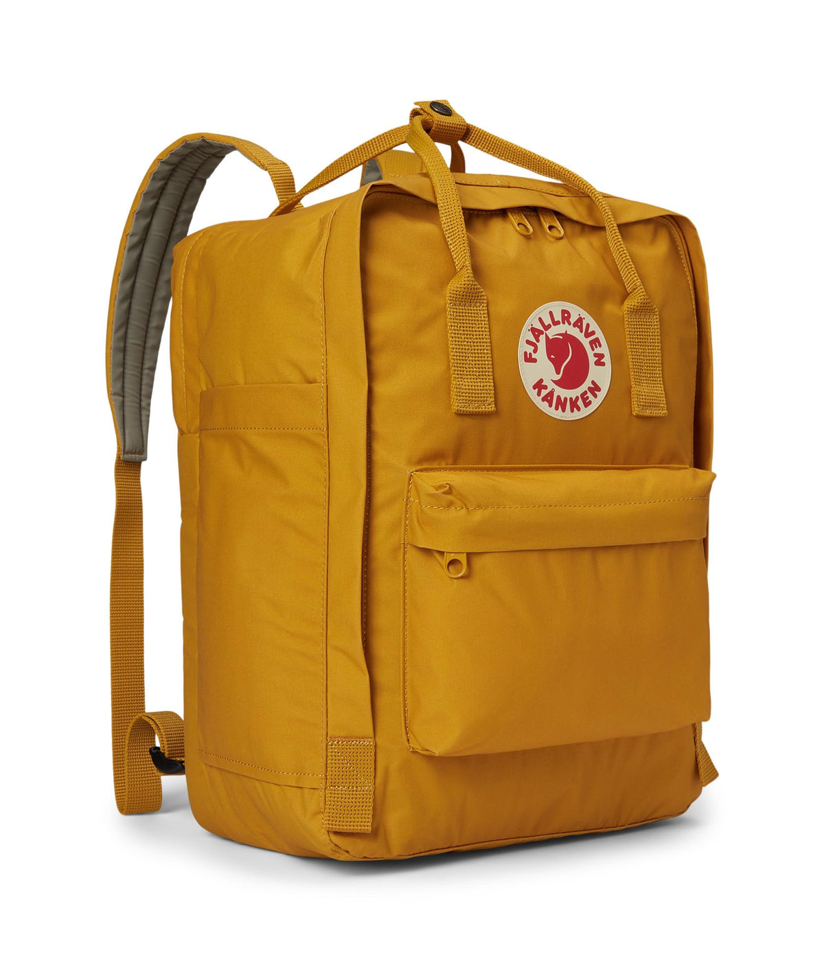 Fjällräven Kanken Laptop 15 Ochre front view showing organized main storage for daily commute
