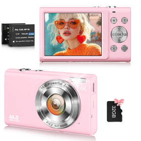 FJFJOPK digital camera pink front view offers 4K video and 48MP photos