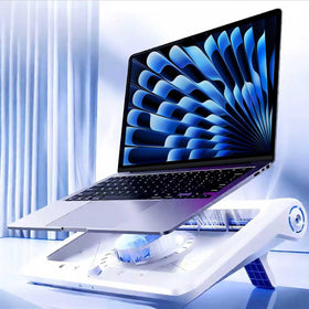 Fjolsaz front view with MacBook mounted showing cooling alignment and performance