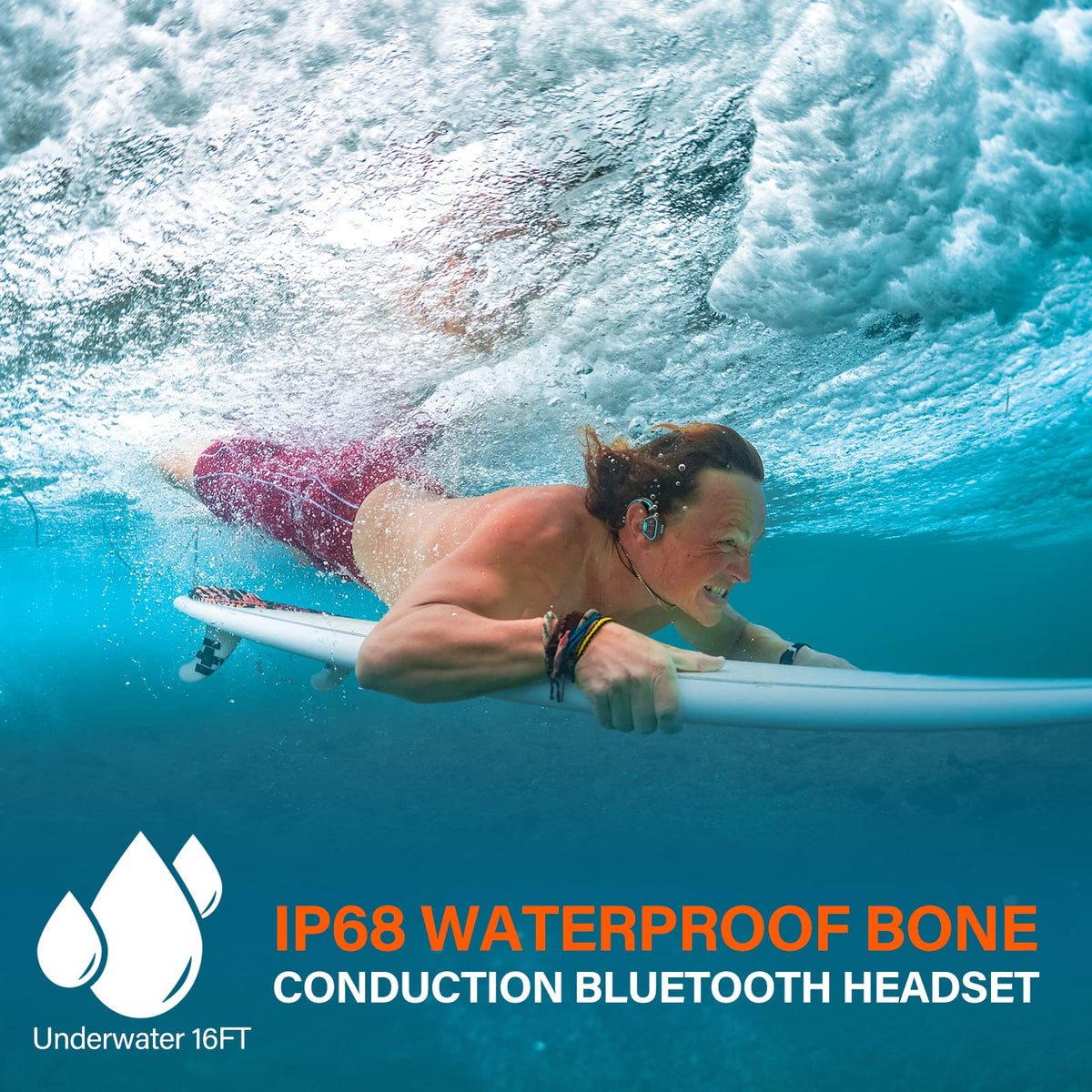 FJX close-up of bone conduction pad delivering vibration audio without ear plugs