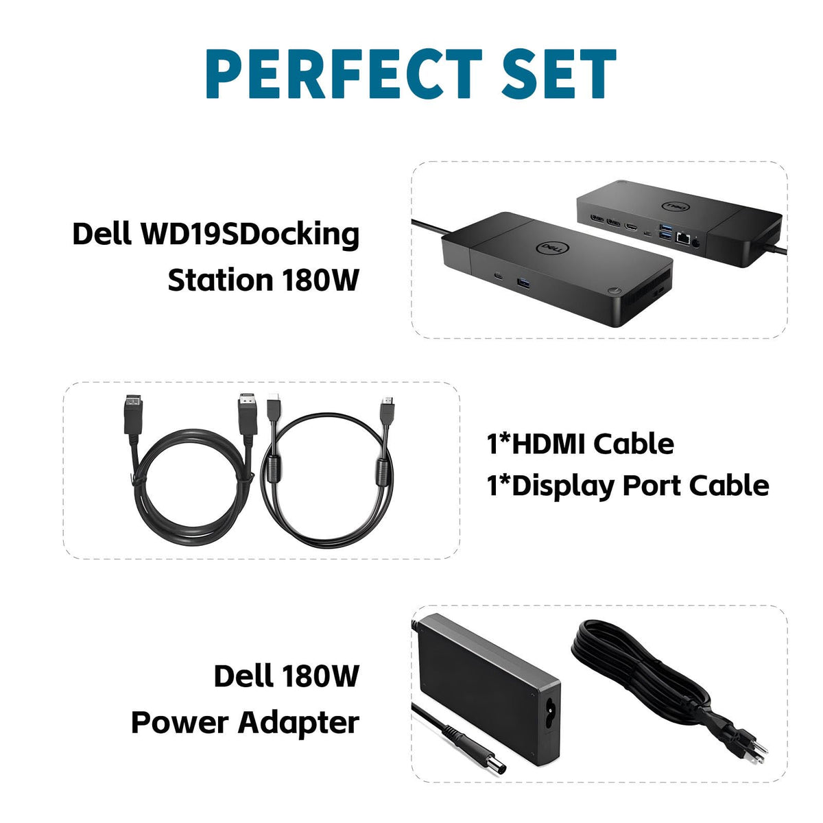 FKA Dell WD19S port panel showing HDMI, DP, and Ethernet options.