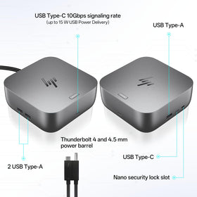 FKAfusiontech HP Dock rear panel ports highlight convenient connectivity options.