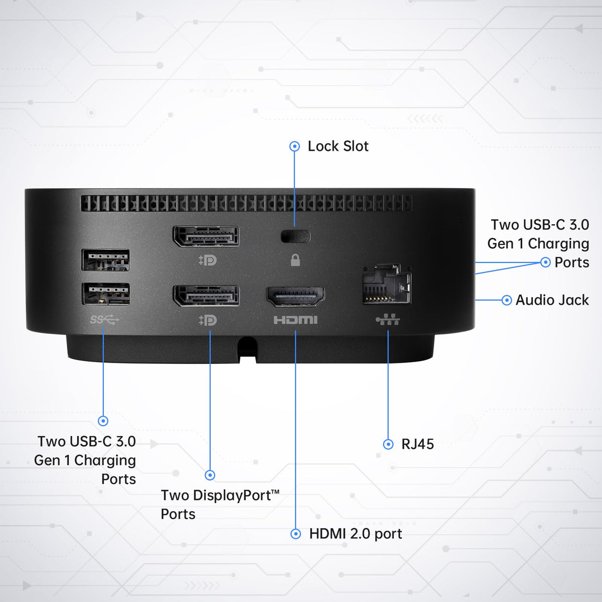 FKAfusiontech HP G5 Dock back panel with ports for comprehensive connectivity.