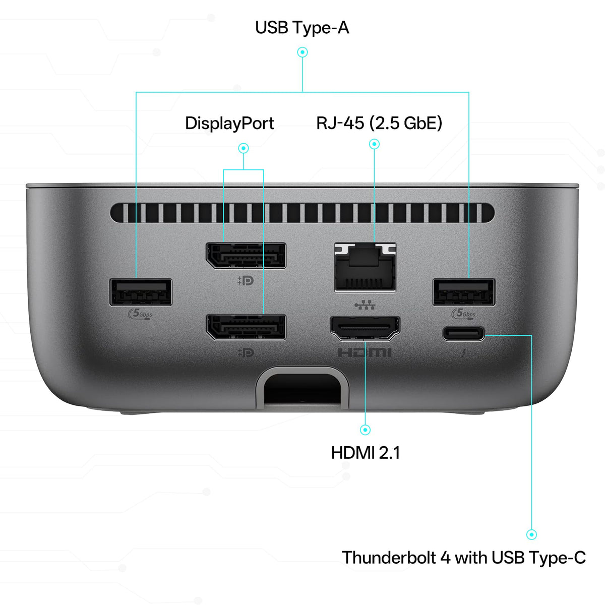 FKAfusiontech HP Thunderbolt 4 Ultra 100W Dock ports close-up highlighting HDMI, DP, USB options