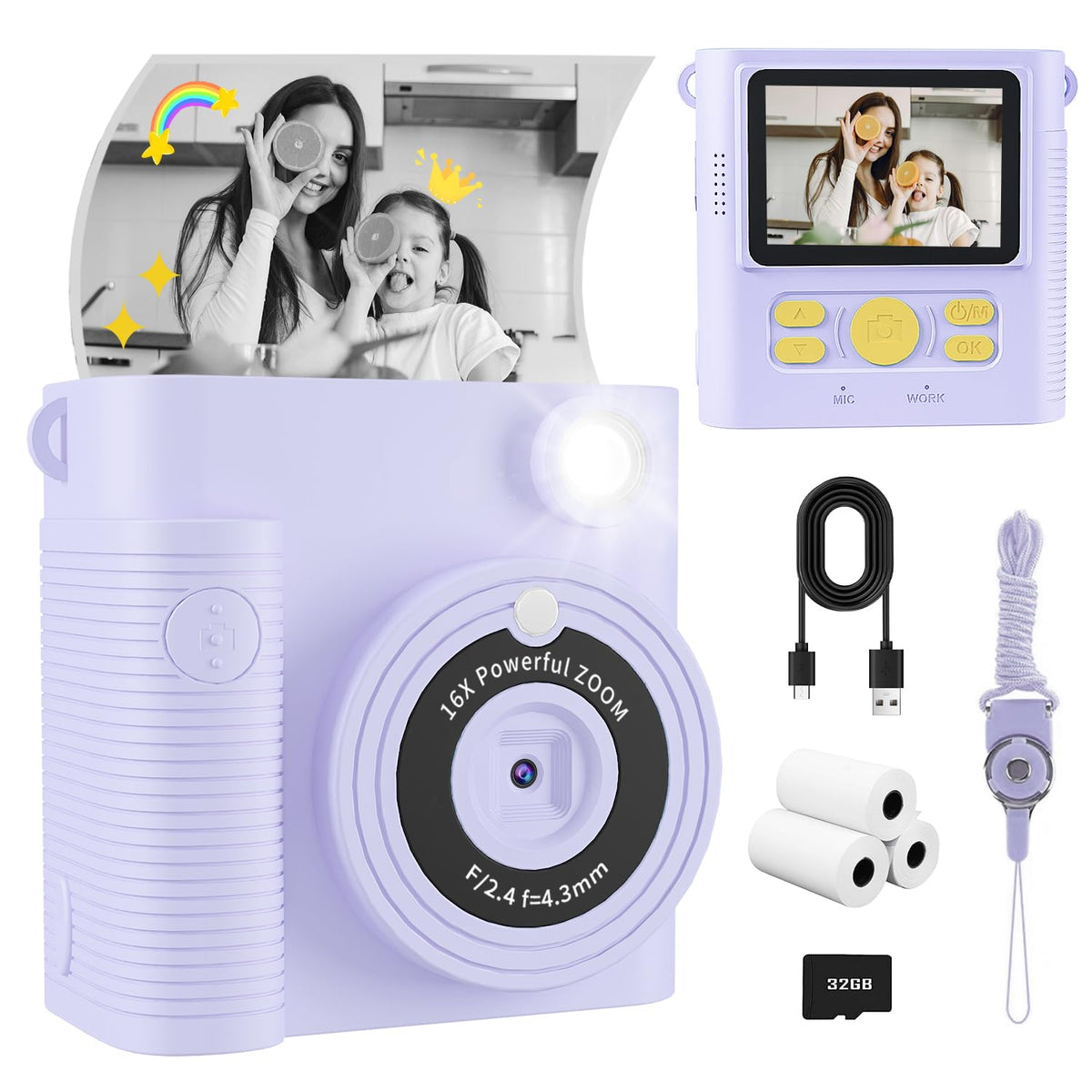 FKATEEN kids camera instant print front view for easy, kid-friendly photography.