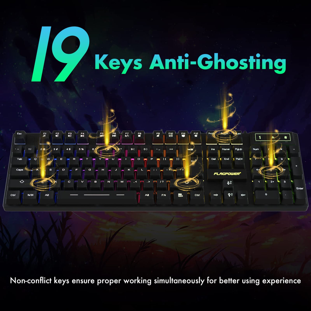 FLAGPOWER ergonomic keyboard with angled design reduces fatigue during long sessions.
