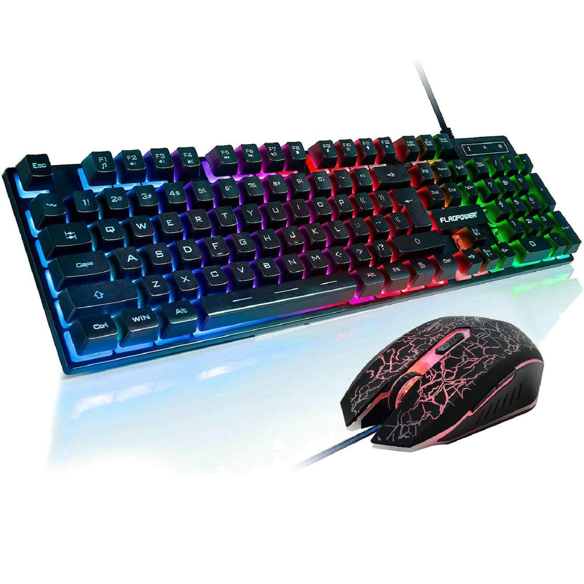 FLAGPOWER RGB keyboard front view with vivid backlighting for immersive gaming.