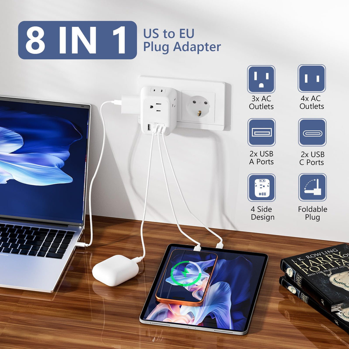 FlashSonic EU plug with four outlets and four USB ports for multitasking charging.