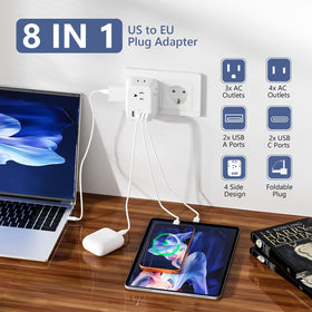FlashSonic EU plug with four outlets and four USB ports for multitasking charging.