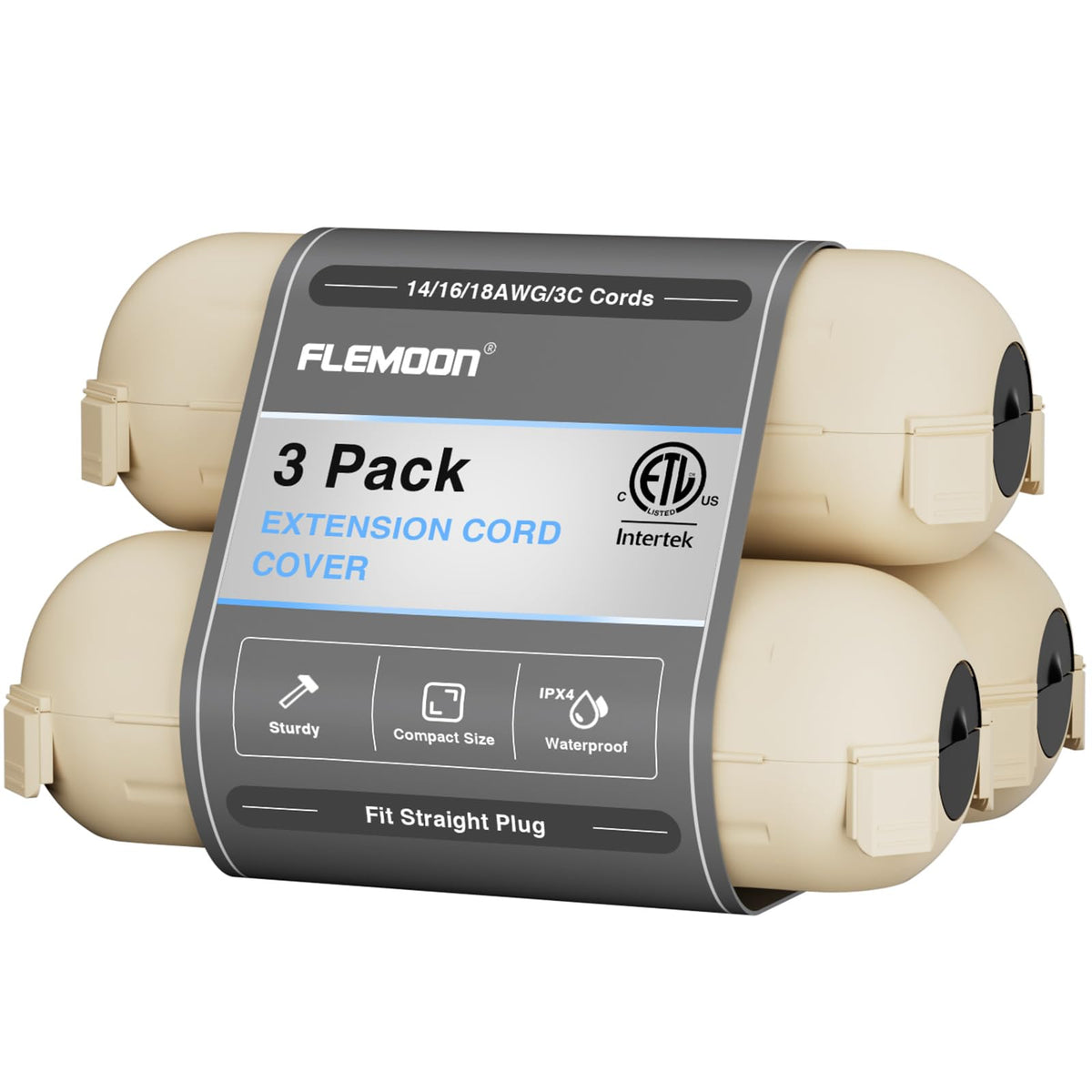 Flemoon 3-pack outdoor extension cord cover almond exterior view for weatherproof protection