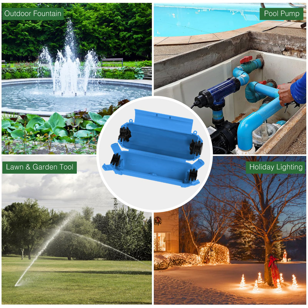 Flemoon safety box protects pool pumps and cameras from moisture with blue design.