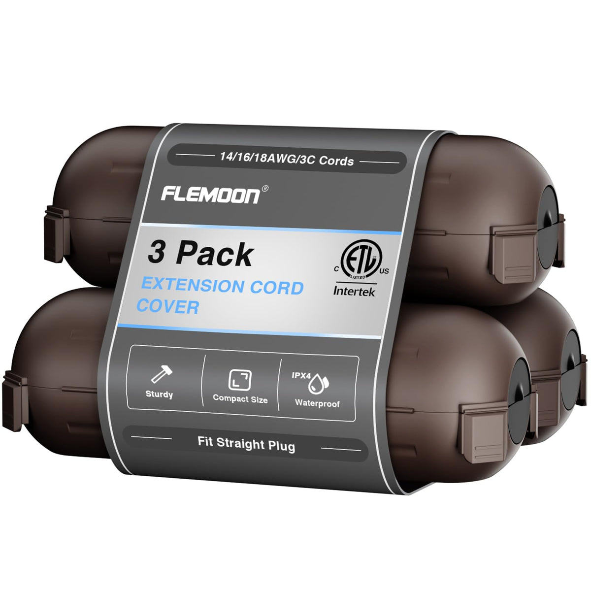 Flemoon outdoor extension cord cover close-up shows secure weatherproof seal.