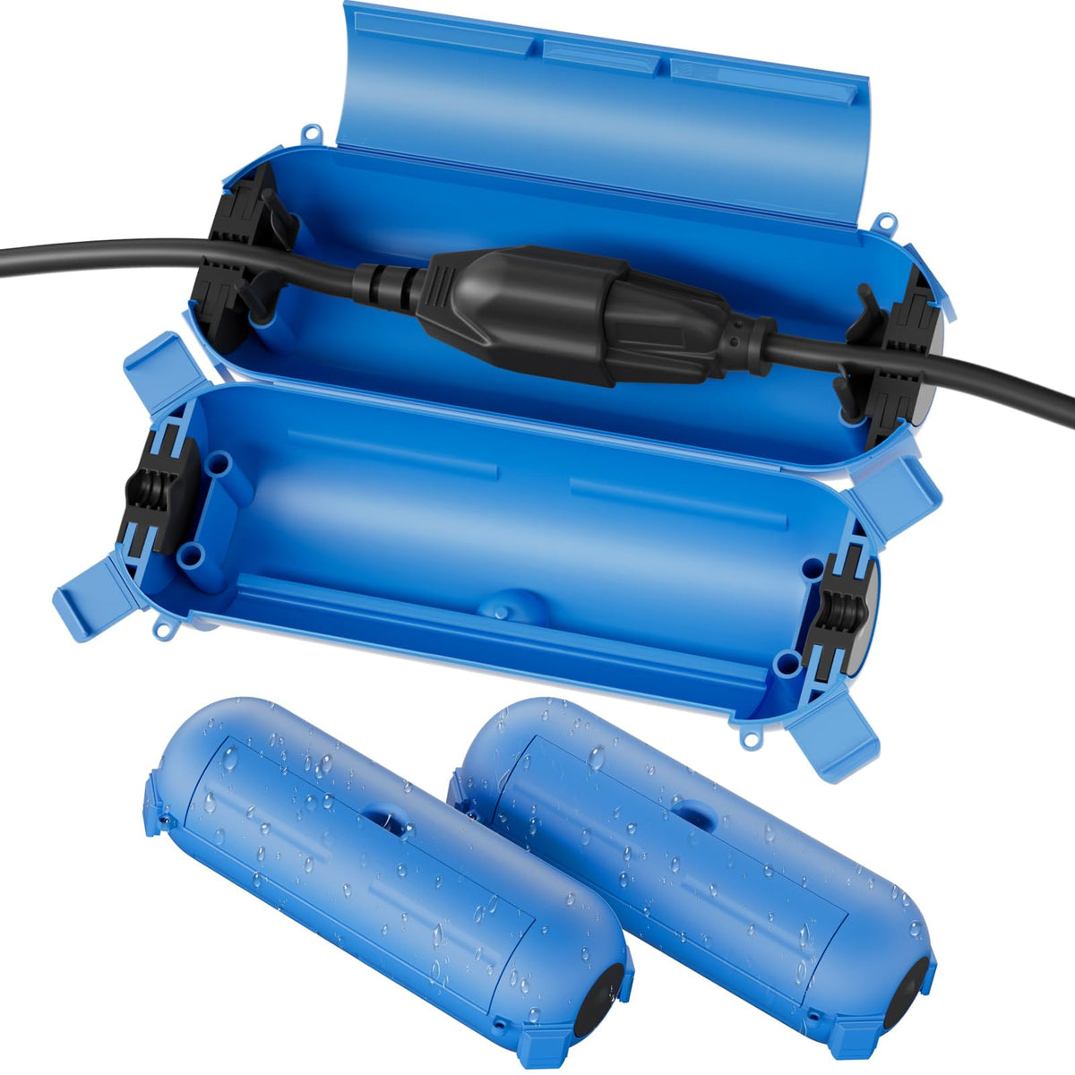 Flemoon outdoor extension cord cover showing a compact blue box for weatherproof protection.