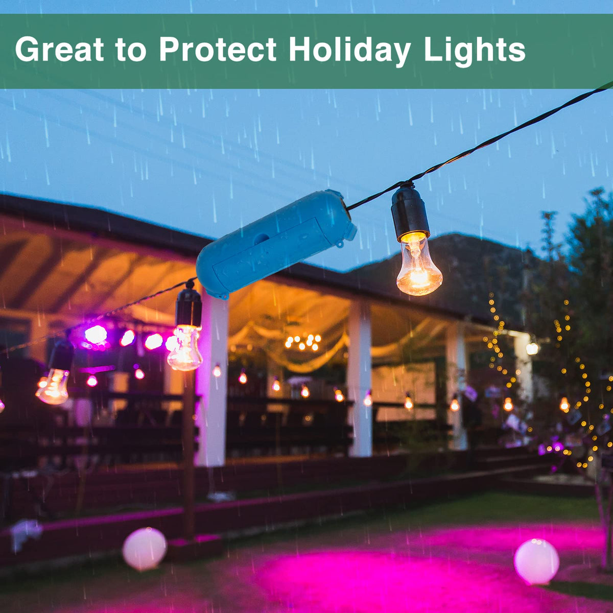 Flemoon outdoor extension cord cover dimensions highlight compact blue housing for tight spaces.