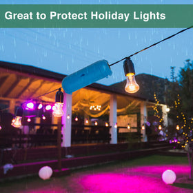 Flemoon outdoor extension cord cover dimensions highlight compact blue housing for tight spaces.