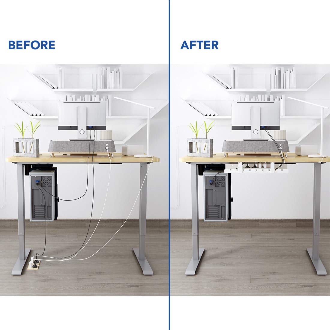 FLEXISPOT cable tray keeps wires away from pets for safer play beneath the desk.